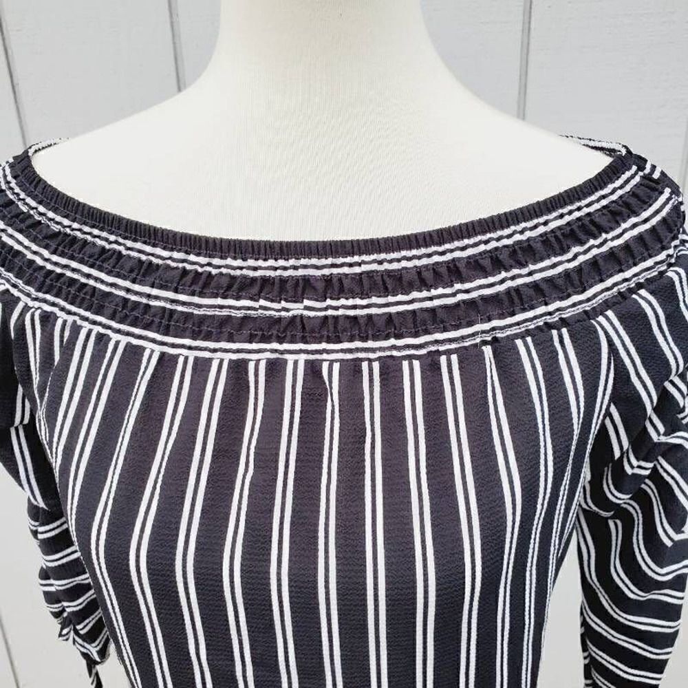 Polly & Esther Womens Blouse Black Striped 3/4 Sleeve Off Shoulder Ruched S New - Picture 6 of 7